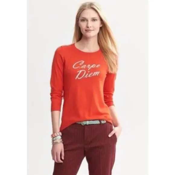Banana Republic Silk Blend Carpe Diem Crew Sweater  in Bitter Orange Women's MP - Picture 2 of 8
